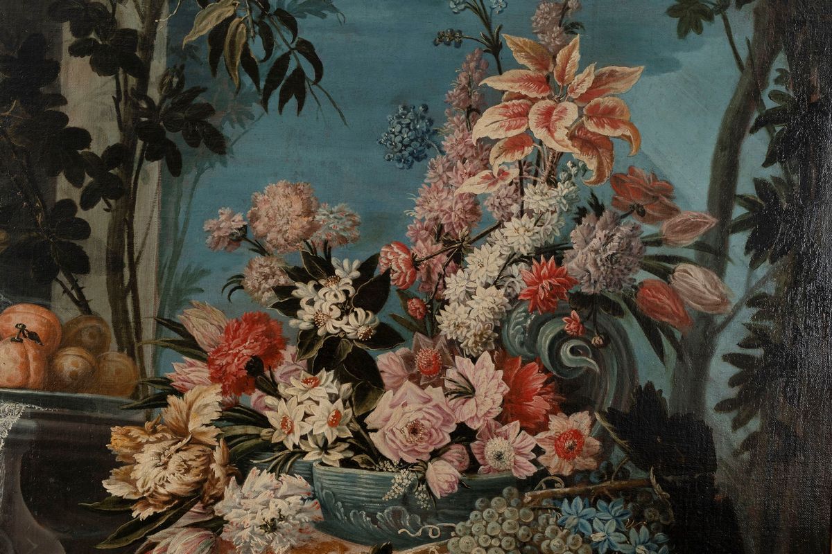 Scuola Lombarda, Secolo XVIII - Autore Ignoto, Trionfo di fiori e frutta in giardino all'italiana...