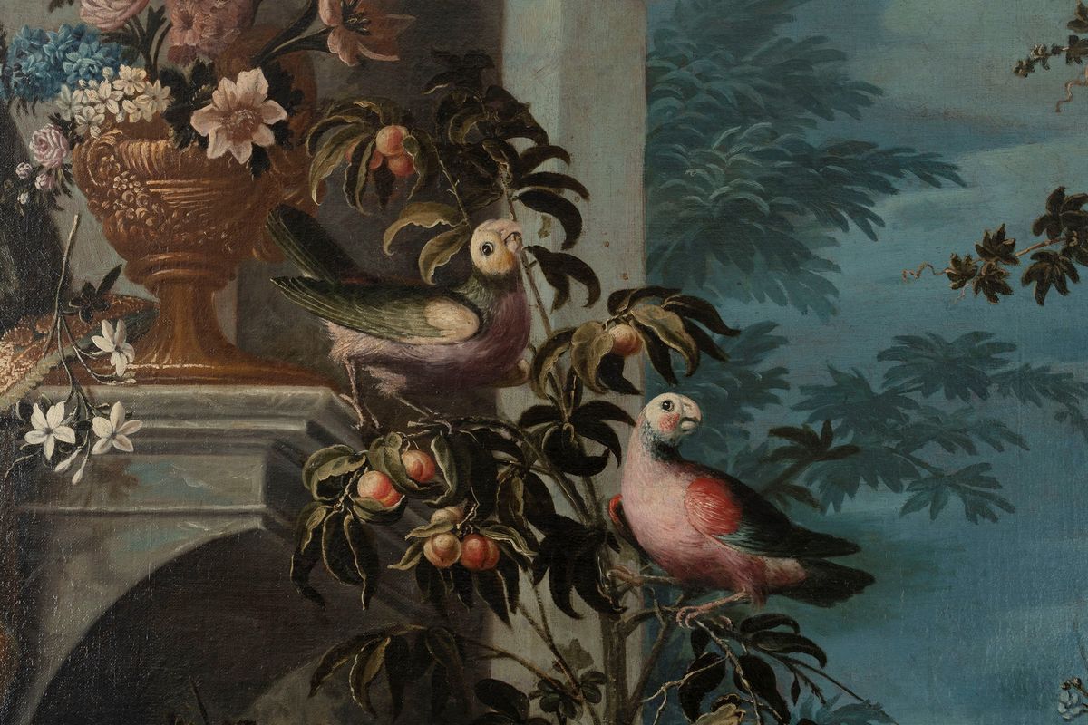 Scuola Lombarda, Secolo XVIII - Autore Ignoto, Trionfo di fiori e frutta in giardino all'italiana...