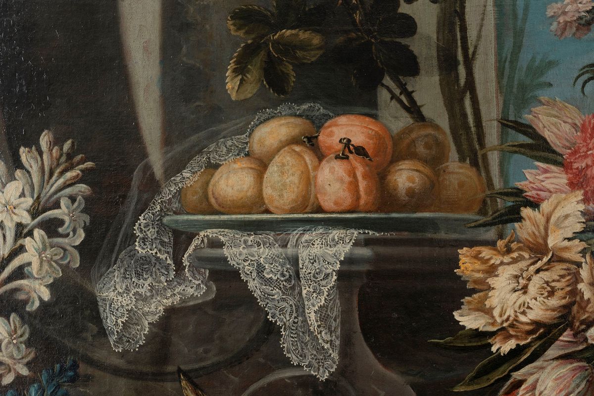 Scuola Lombarda, Secolo XVIII - Autore Ignoto, Trionfo di fiori e frutta in giardino all'italiana...