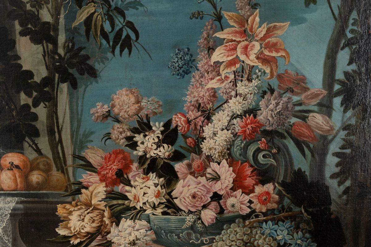 Scuola Lombarda, Secolo XVIII - Autore Ignoto, Trionfo di fiori e frutta in giardino all'italiana...