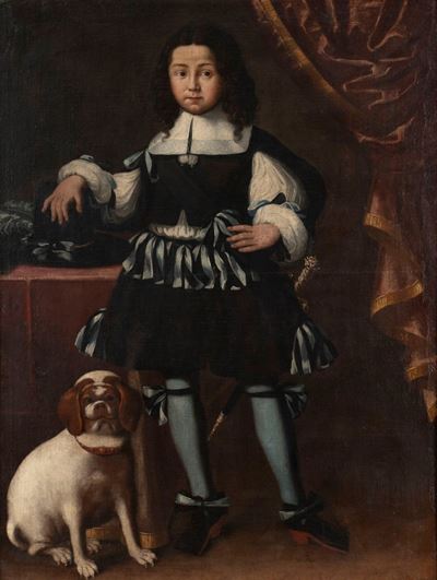 Autore ignoto, Ritratto di giovinetto della casa Farnese con il suo cane, olio su tela