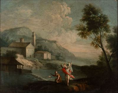 Paesaggio con Tobiolo e l'angelo, olio su tela