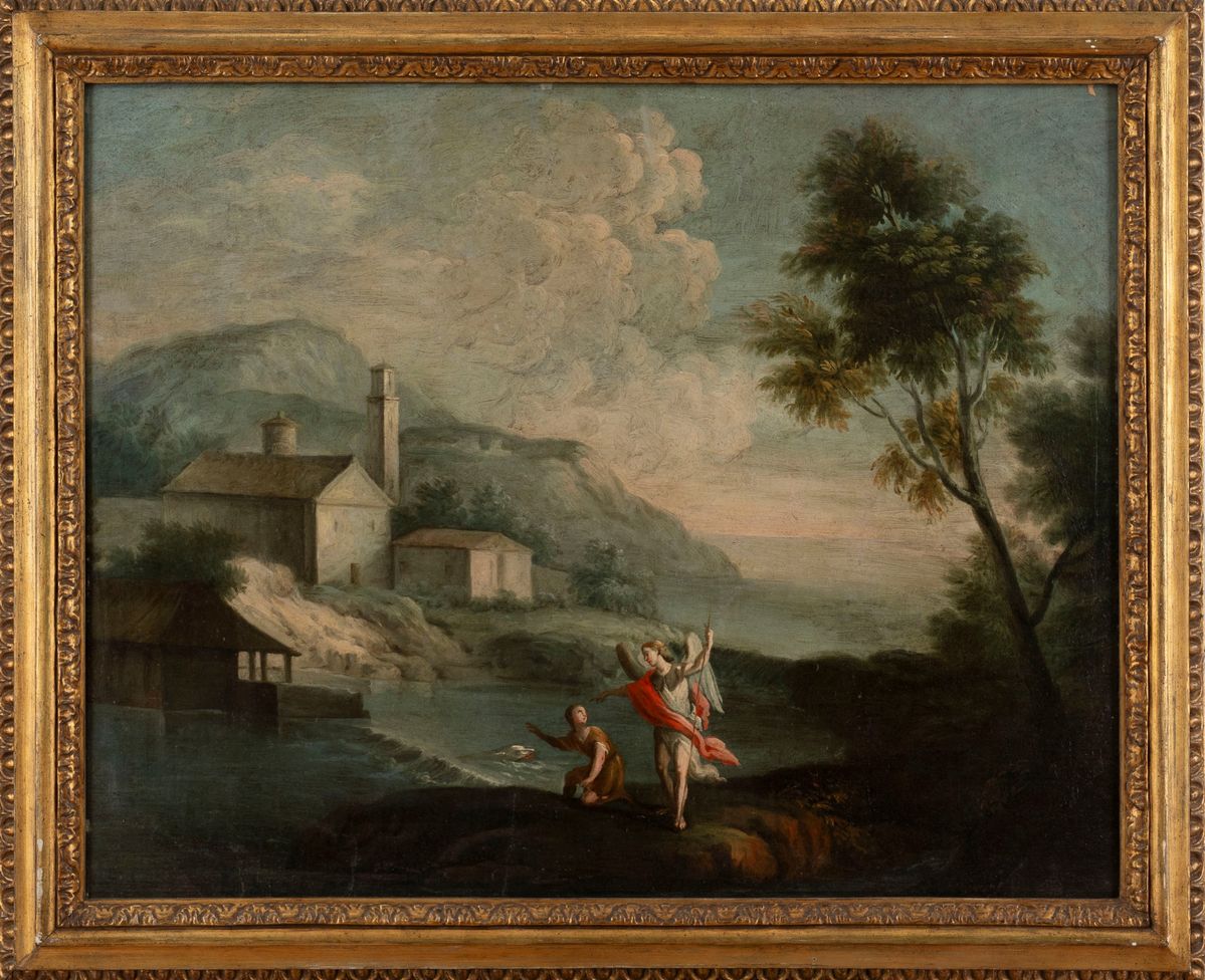 Scuola Veneta, Secolo XVIII - Paesaggio con Tobiolo e l'angelo, olio su tela