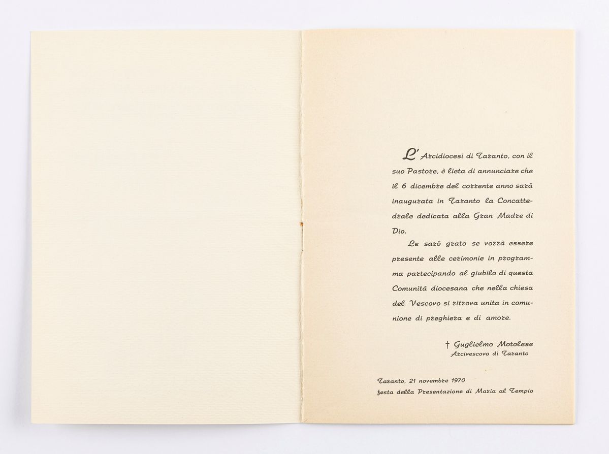 Gio Ponti - Invito all'inaugurazione della Concattedrale di Taranto, 1970