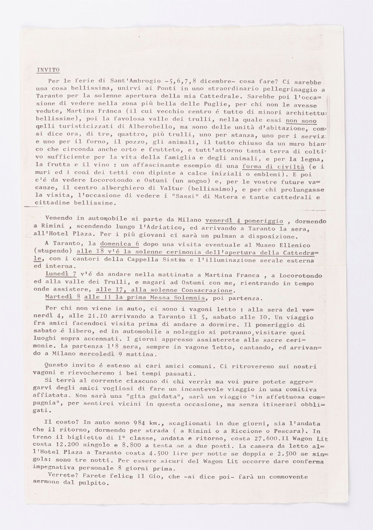 Gio Ponti - Invito all'inaugurazione della Concattedrale di Taranto, 1970