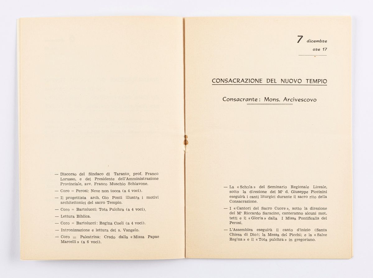Gio Ponti - Invito all'inaugurazione della Concattedrale di Taranto, 1970