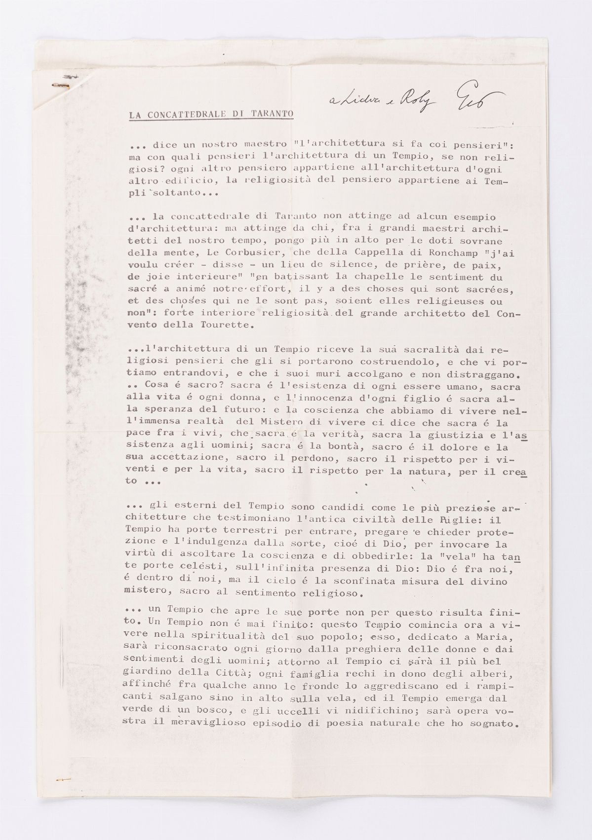 Gio Ponti - Invito all'inaugurazione della Concattedrale di Taranto, 1970