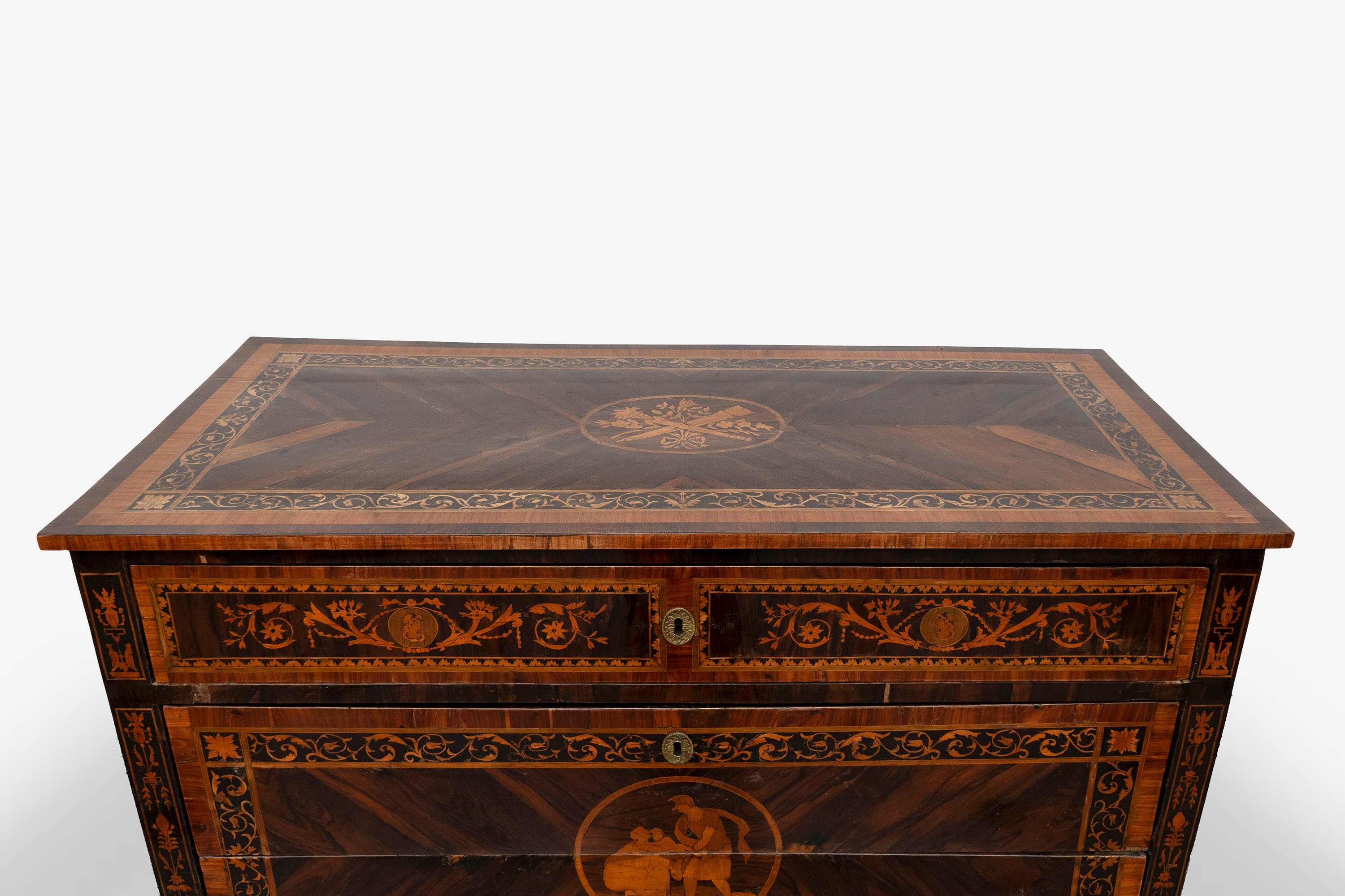 Bella Commode Luigi XVI Elegantemente Intarsiata in Legni Vari, Lombardia Secolo XVIII