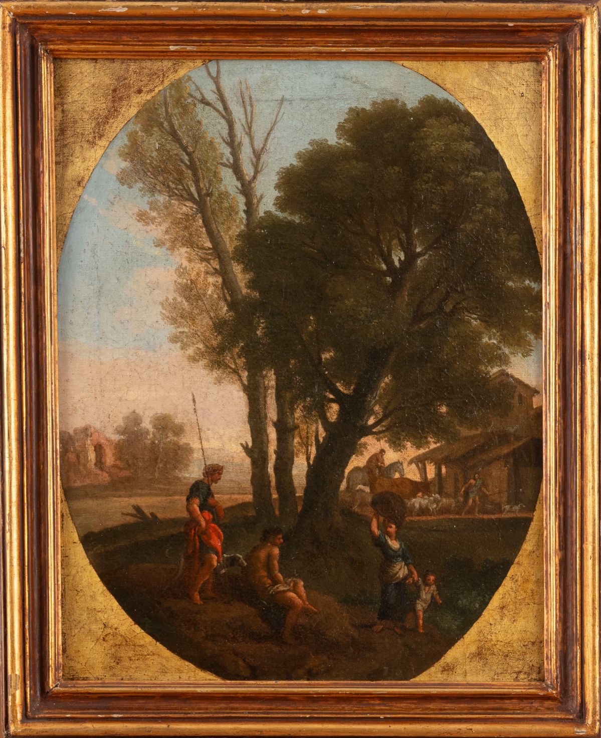 Andrea Locatelli - Due paesaggi laziali con astanti, olio su tela entro sagoma ovale