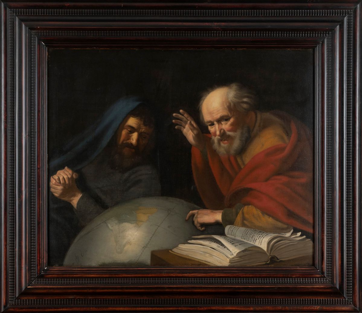 Pittore Caravaggesco Fiammingo, Secolo XVII - Moreelse, Democrito ed Eraclito, olio su tela