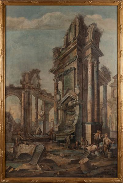 Carlus Pins, Capriccio architettonico con antiche rovine e astanti, tempera su tela