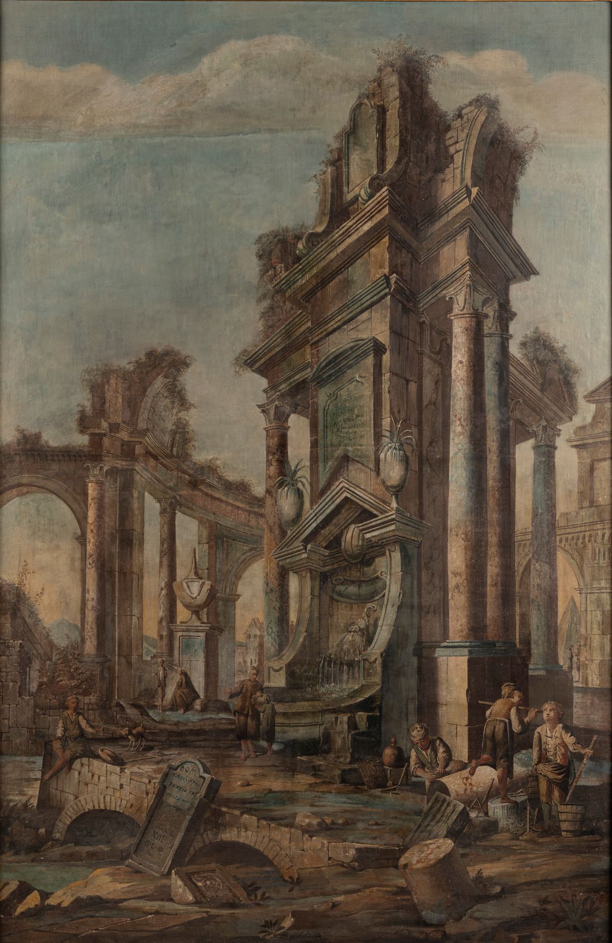 Scuola Emiliana, Secolo XVIII - Carlus Pins, Capriccio architettonico con antiche rovine e astant...