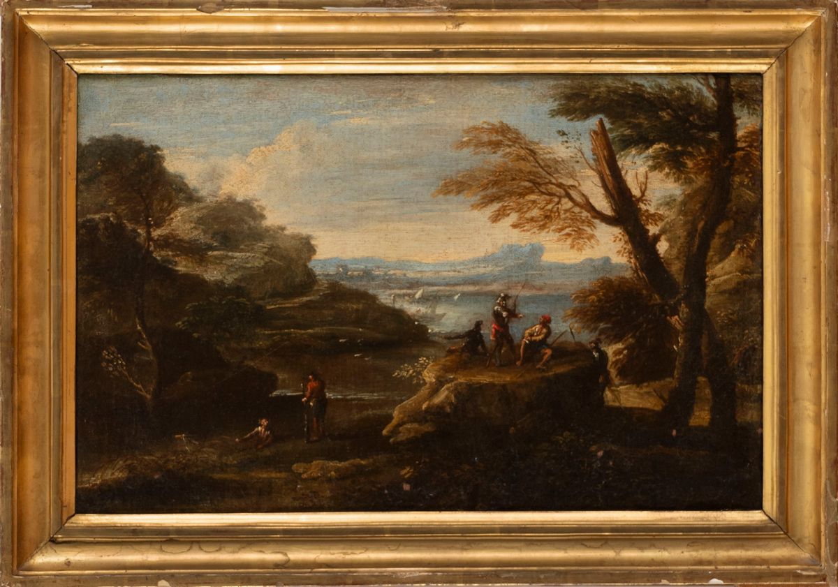 Scuola Napoletana, Secolo XVII - Francesco Graziani, Due paesaggi con figure, olio su tela