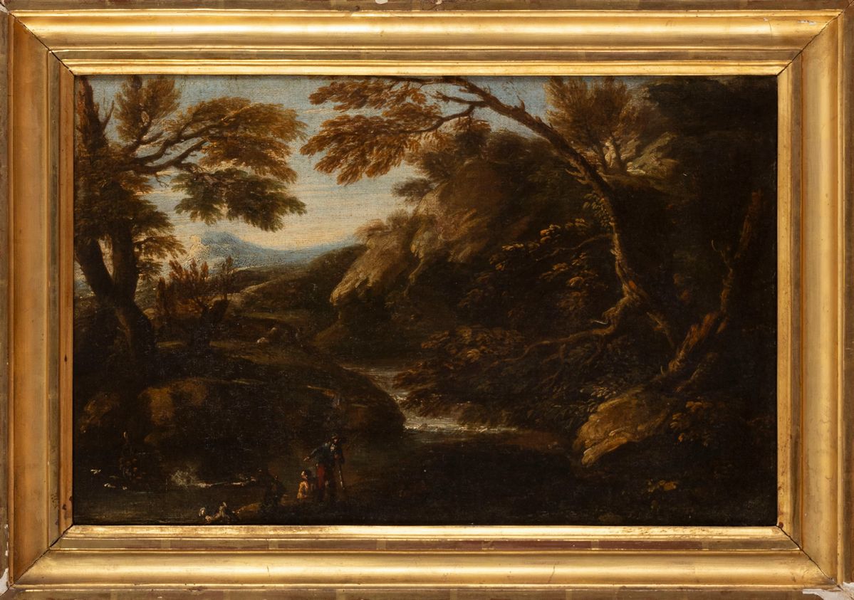 Scuola Napoletana, Secolo XVII - Francesco Graziani, Due paesaggi con figure, olio su tela