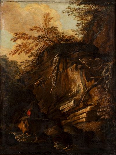 Autore ignoto, Paesaggio rupestre con astanti, olio su tela