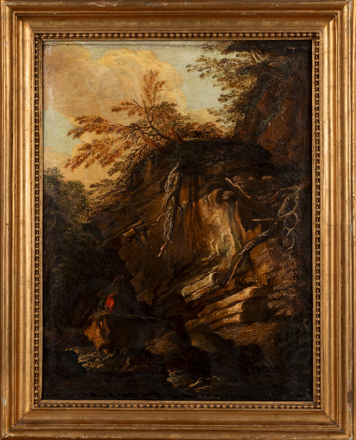 Scuola Napoletana, Secolo XVII - Autore ignoto, Paesaggio rupestre con astanti, olio su tela