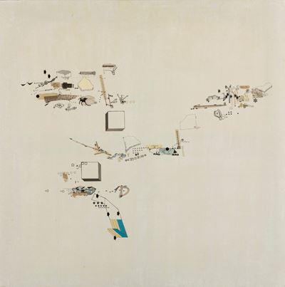 Action & reaction of the system, but... (tecnica mista e collage su tela, 1966)