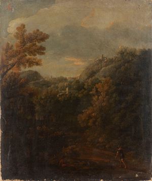 Scuola romana, secolo XVII - Wooded landscape with wayfarer