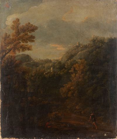 Paesaggio boschivo con viandante, olio su tela