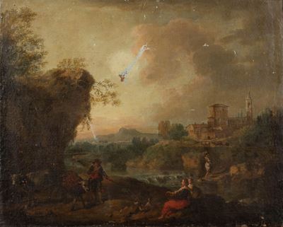 Paesaggio fluviale con pastore e lavandaie, olio su tela
