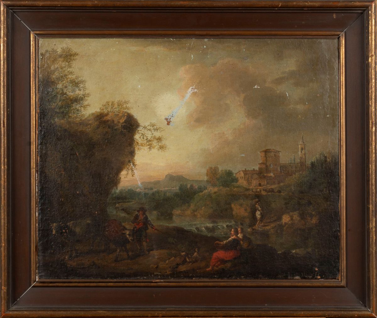 Scuola Veneta, Inizi Secolo XVIII - Paesaggio fluviale con pastore e lavandaie, olio su tela