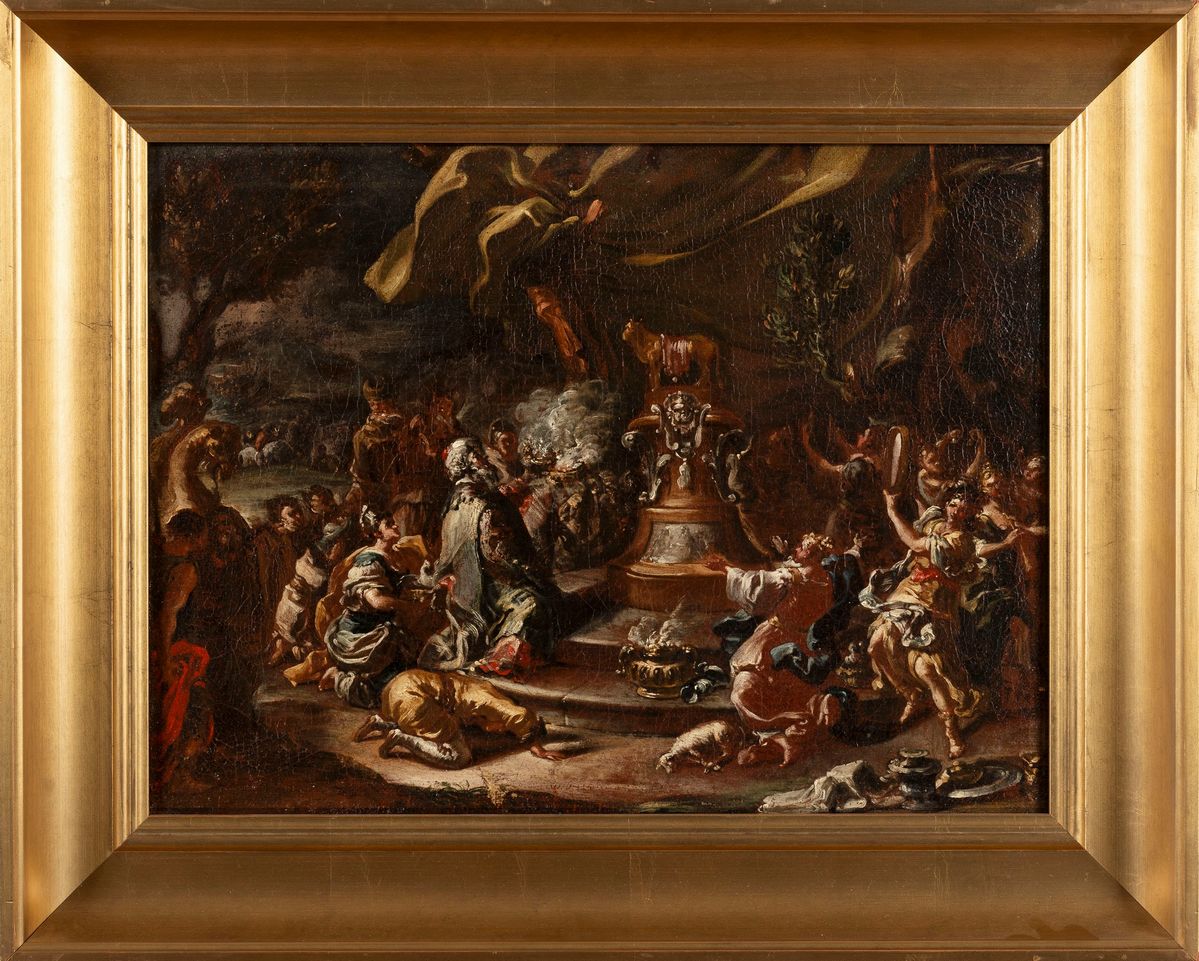 Scuola Napoletana, Secolo XVII - Autore sconosciuto, Adorazione del vitello d'oro, olio su tela