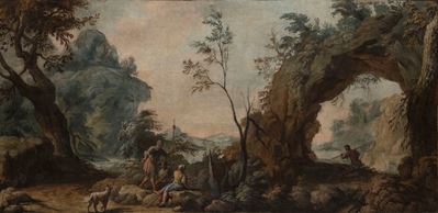 Autore sconosciuto, Paesaggio laziale con arco naturale e soldato a riposo, tempera su tela