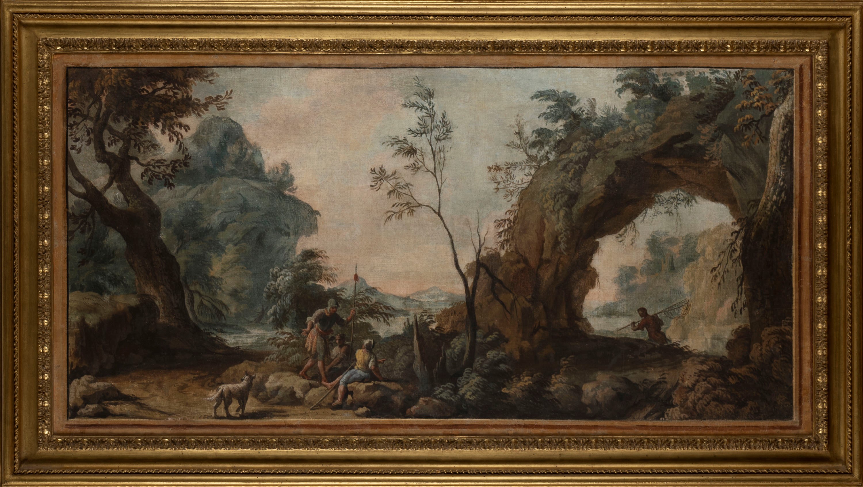 Attribuito a Andrea Locatelli (roma 1695 - 1741) - Paesaggio Laziale con Arco Naturale e Soldato ...