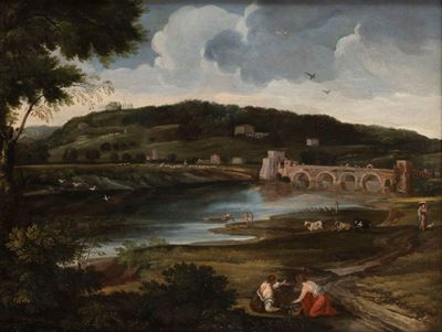 Veduta del Tevere a Ponte Milvio con astanti, olio su tela