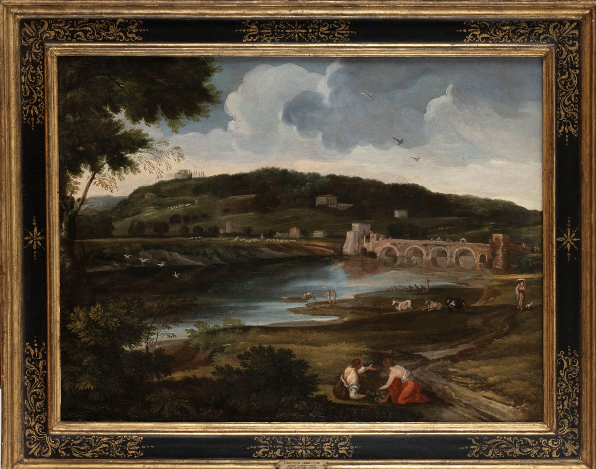 Scuola Romana, Secolo XVIII - Veduta del Tevere a Ponte Milvio con astanti, olio su tela