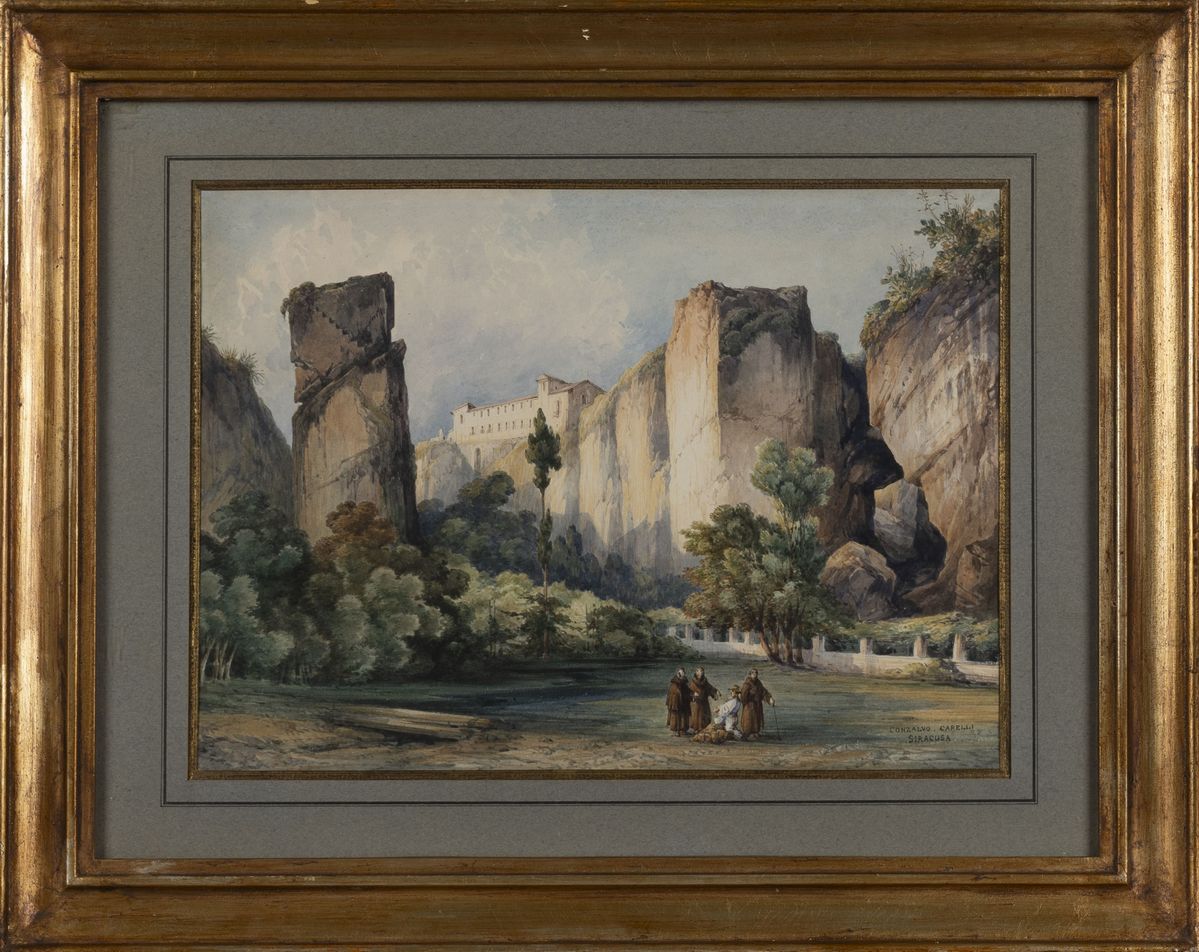 Consalvo Carelli - Veduta della Latomia dei Cappuccini, acquarello su cartoncino