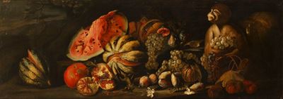Scuola napoletana, Fruttiera con scimmietta en plein air, olio su tela