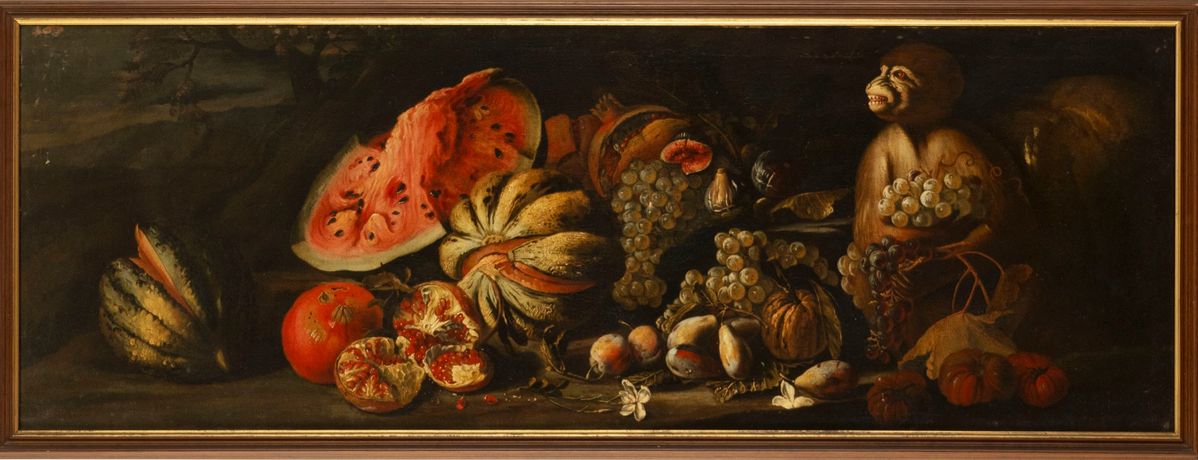 Scuola Napoletana, Secolo XVII - Scuola napoletana, Fruttiera con scimmietta en plein air, olio s...