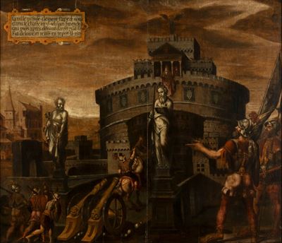 Anonimo, Assedio dei Lanzichenecchi a Castel Sant'Angelo, olio su tavola