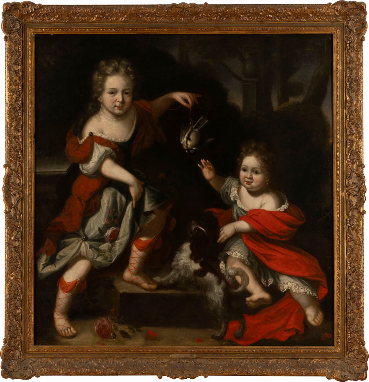 Scuola Olandese, Secolo XVII - Scuola olandese, Ritratto di due bambini con cane, olio su tela