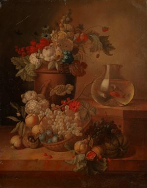 Fruit, flowers in a vase and goldfish