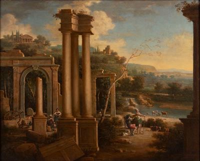 Autore non identificato, Paesaggio con capriccio architettonico e astanti, olio su tela