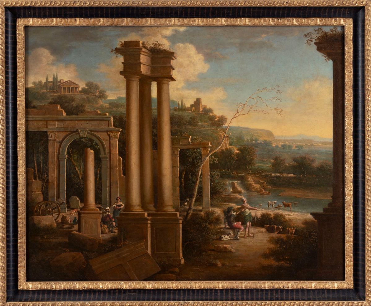 Scuola Italiana, Secolo XIX - Autore non identificato, Paesaggio con capriccio architettonico e a...