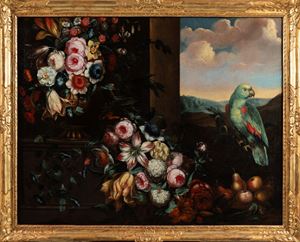 Pittore fiammingo attivo in Italia, secolo XVII - Roses, lilies, bluebells and fruit with parrot in a loggia