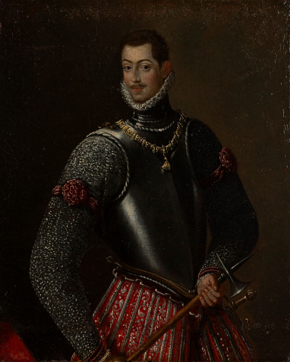 Scuola del Secolo XVII - Autore anonimo, Ritratto di Filippo II, olio su tela applicata su tavola