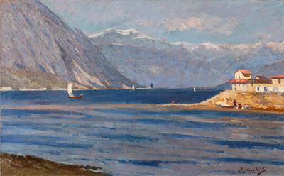 Veduta del lago di Como, olio su tela