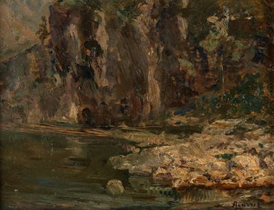 Agazzi E, Paesaggio lacustre, olio su compensato