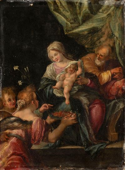 Sacra Famiglia con due Angeli, olio su rame