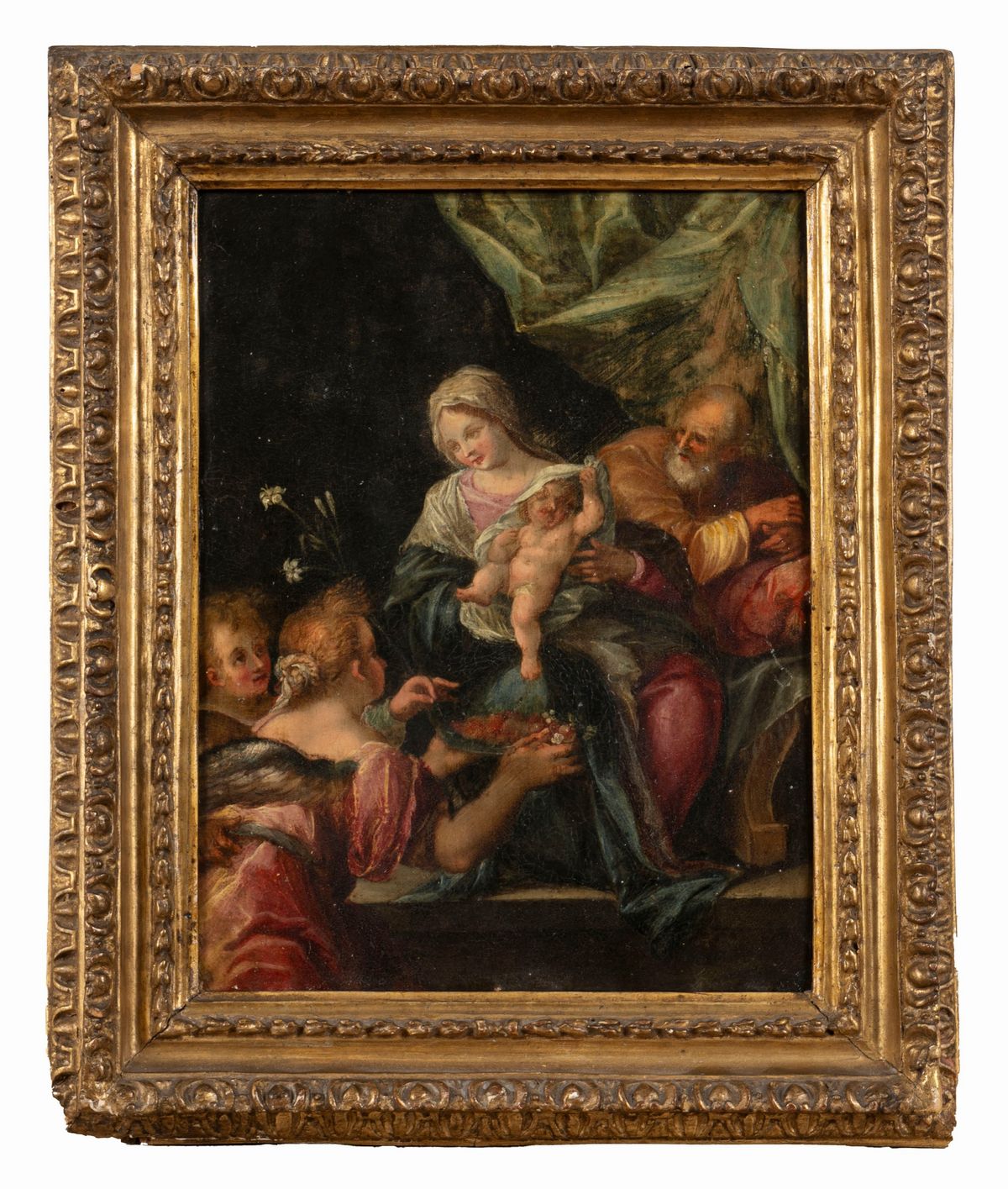 Scuola Fiamminga, Fine Secolo XVI - Inizi Secolo XVII - Sacra Famiglia con due Angeli, olio su ra...
