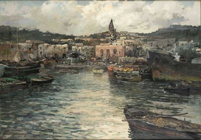 Porto in un borgo marinaro, olio su tela