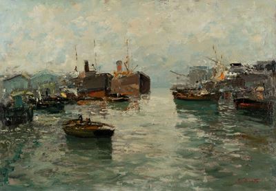 Porto affollato, olio su cartone