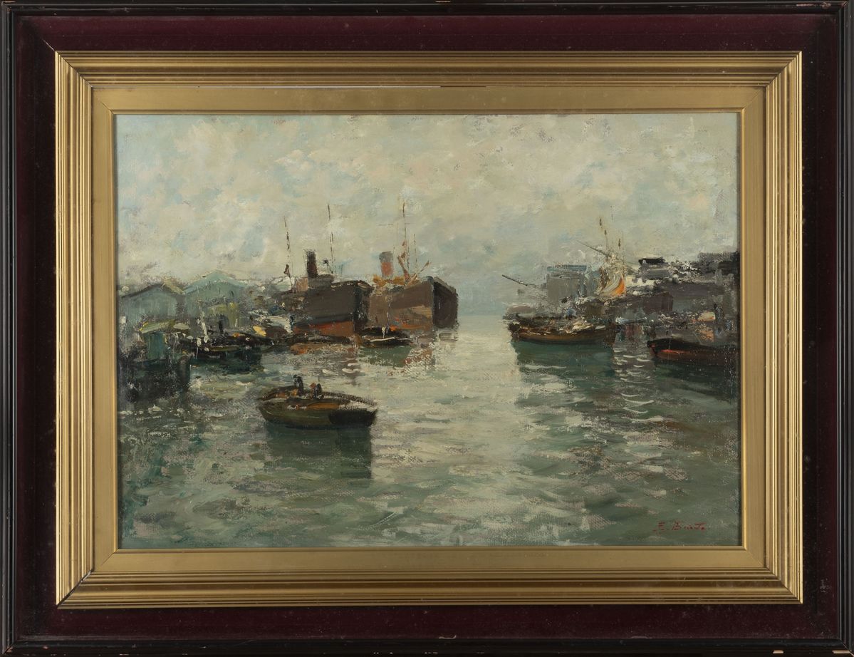 Ezelino Briante - Porto affollato, olio su cartone