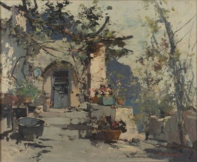 Cortile assolato, olio su cartone