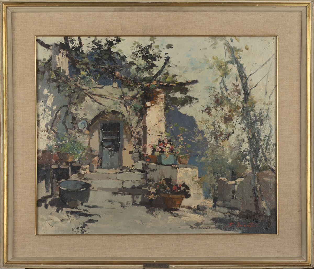 Ezelino Briante - Cortile assolato, olio su cartone