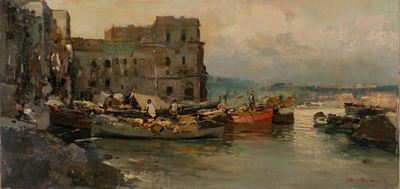 Napoli, barche di pescatori a Palazzo Donn'Anna, olio su tela riportata su cartone